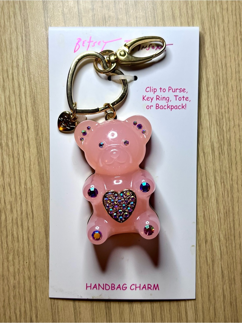 Betsey Johnson Pink Bling Gummy Bear Bag Charm Keychain with Gold Hardware